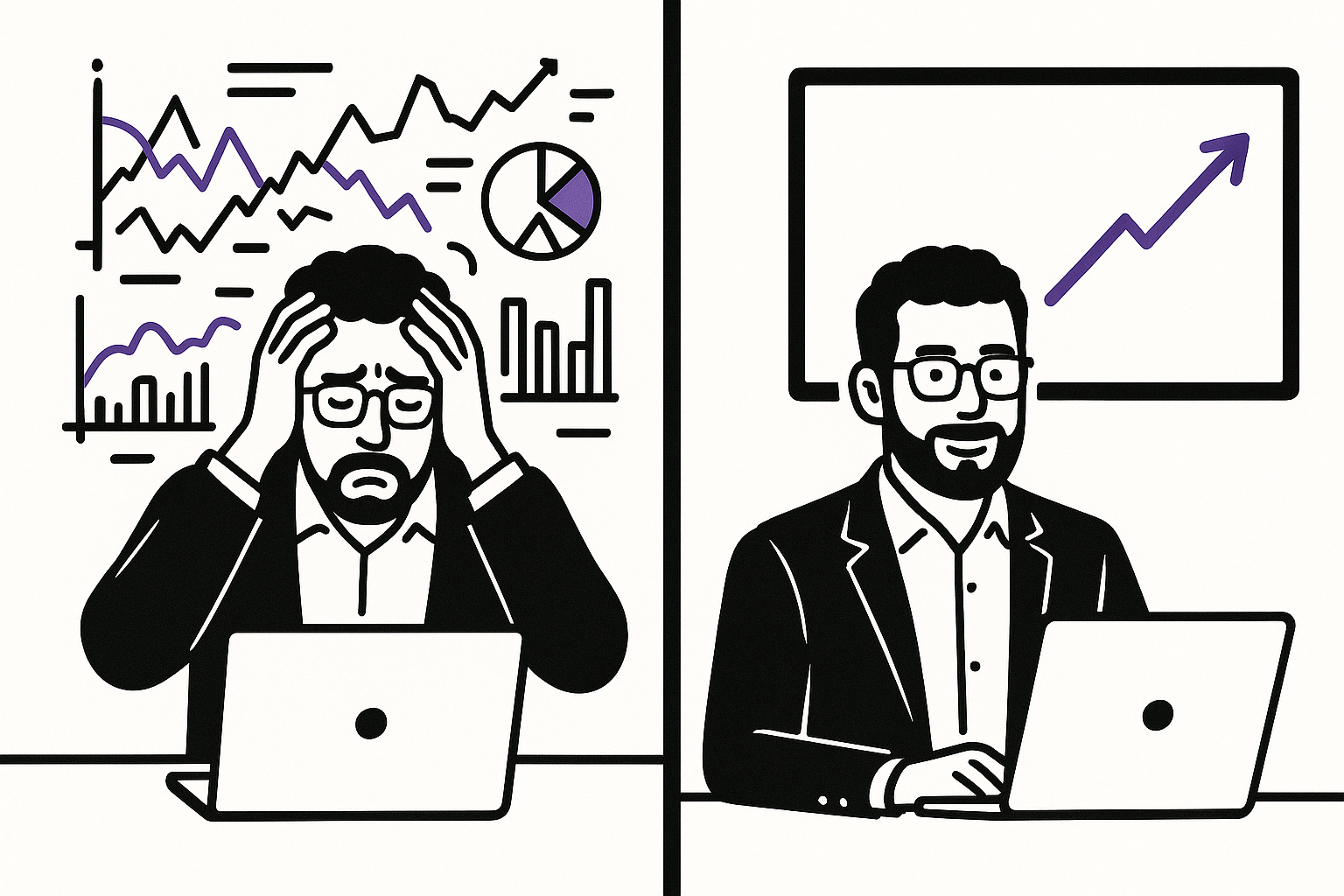 Illustration of a business owner looking at a clear chart.